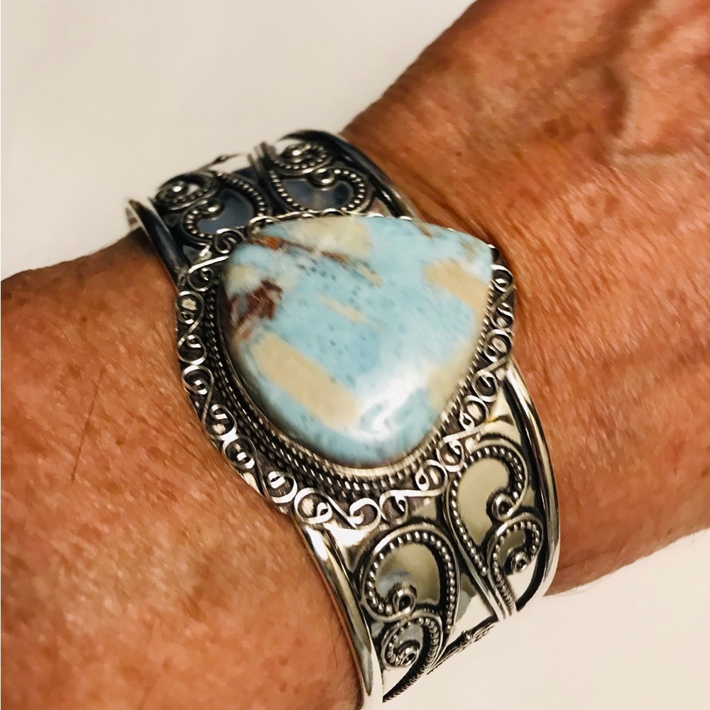 Larimar Stamped 925 Sterling Silver Cuff Bracelet